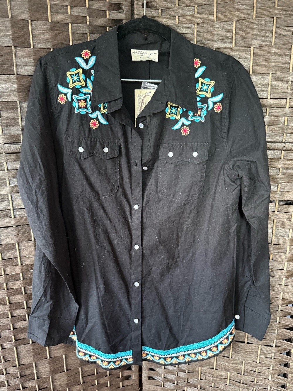 *NEW*Sz L*Vintage Goa*Embroidered Western Shirt Boho Prairie Rodeo Cowgirl